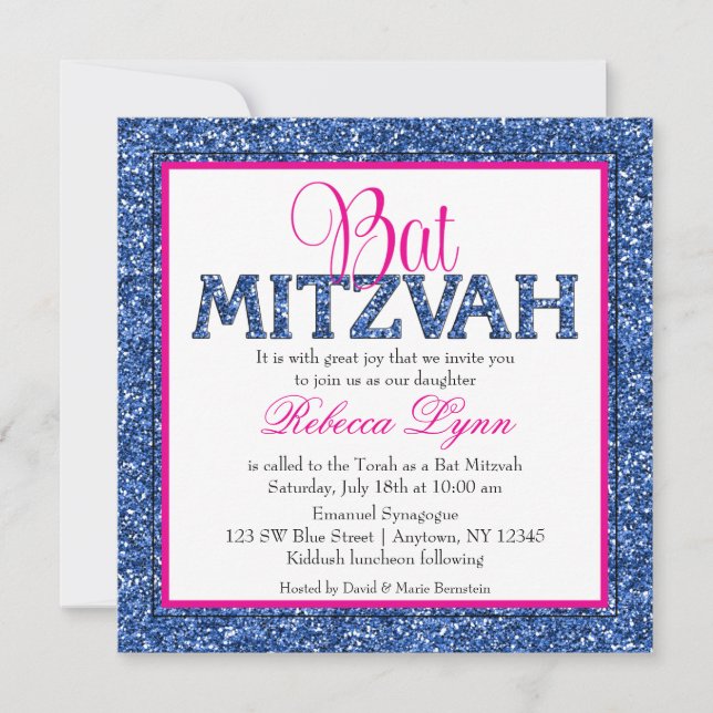 Invitation Glam Faux Parties scintillant Marine Bat mitzvah r (Devant)