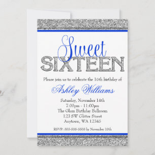 Invitation Glam Faux Parties scintillant Silver Blue Sweet 16