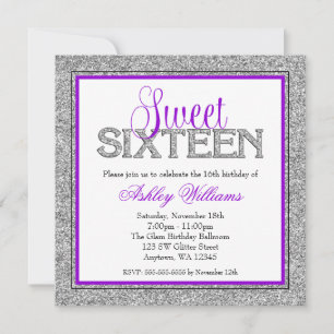 Invitation Glam Faux Parties scintillant Silver Purple Sweet 