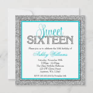 Invitation Glam Faux Parties scintillant Silver Turquoise Blu