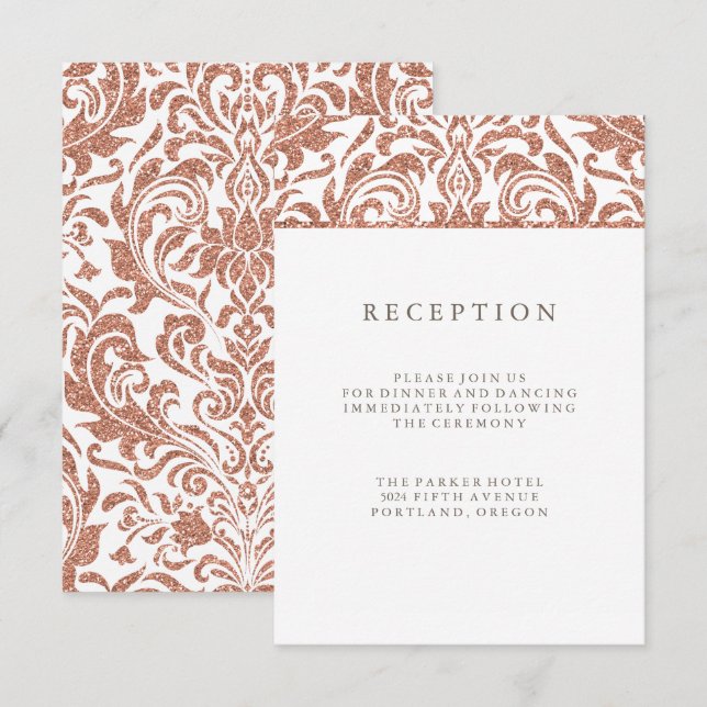 Invitation Glam Faux Rose Gold Parties scintillant Damask Réc (Devant / Derrière)