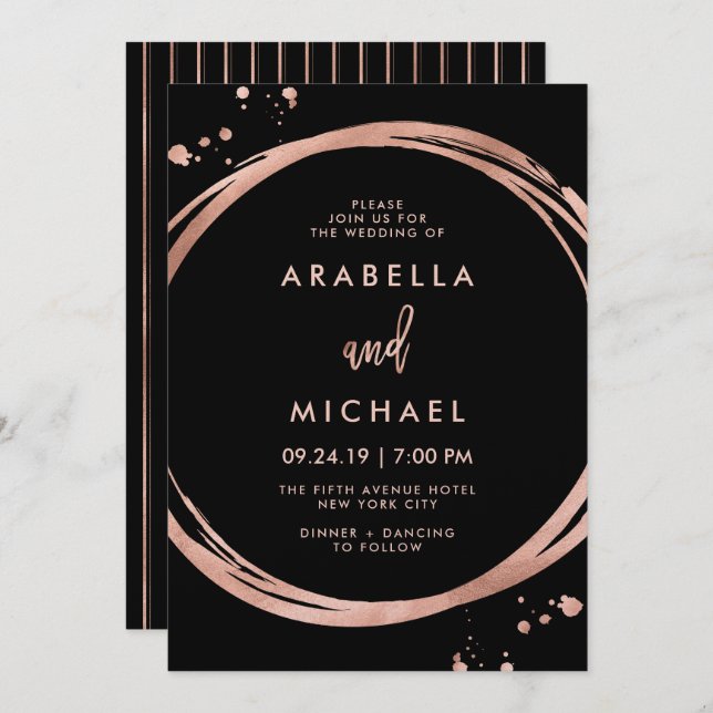 Invitation Glam Faux Rose Gold Regardez en noir | Mariage (Devant / Derrière)
