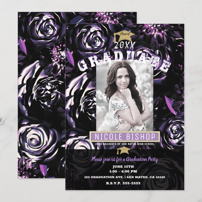 Invitation Glam Floral Violet Noir Partie de graduation (Devant / Derrière)