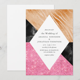 Invitation Glam géométrique faux paillettes mariage en marbre