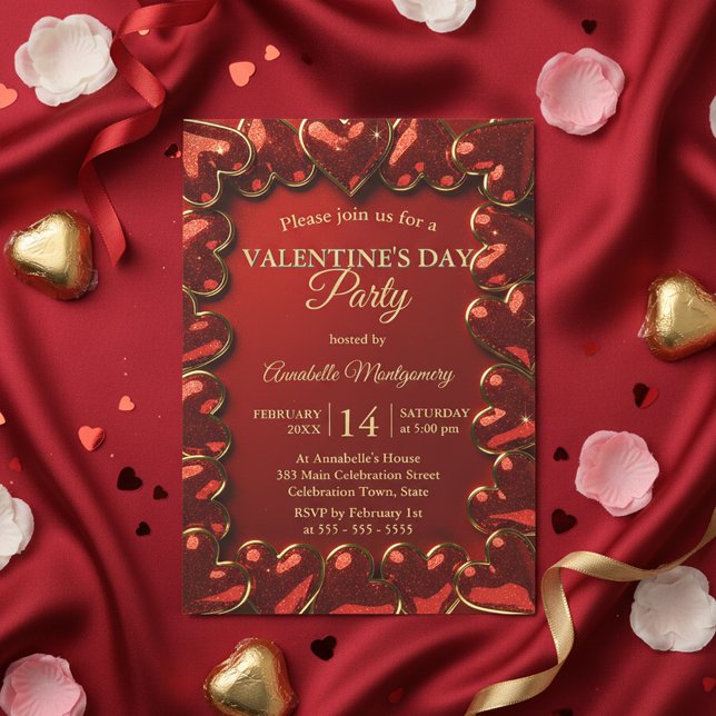Invitation Glam Glitter Red Gold Hearts Valentine's Day Party (Créateur téléchargé)
