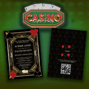 Invitation Glam Gold Art Deco Casino Code QR Poker Mariage