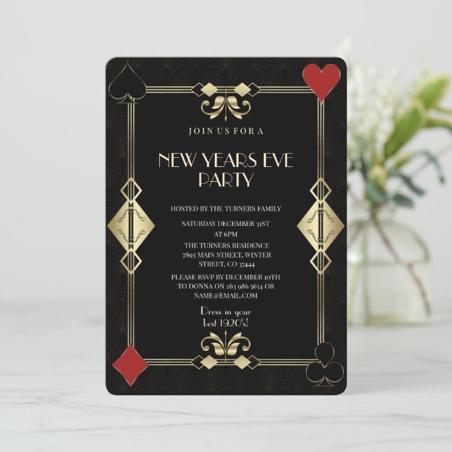 Invitation Glam Gold Art Deco Casino Nuit Nouvel An Soirée (Debout devant)