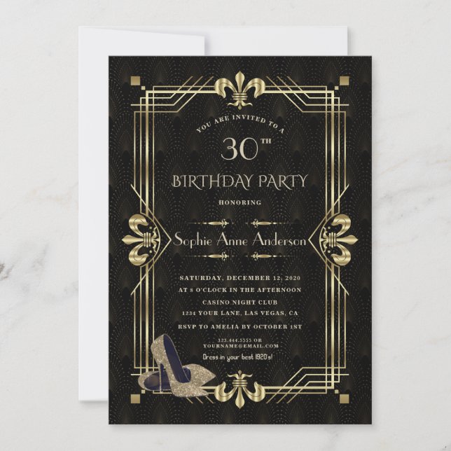 Invitation Glam Gold Art Deco Casino Poker Vegas Anniversaire (Devant)