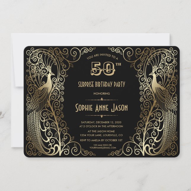 Invitation Glam Gold Art déco Peacocks 50e fête d'anniversair (Devant)