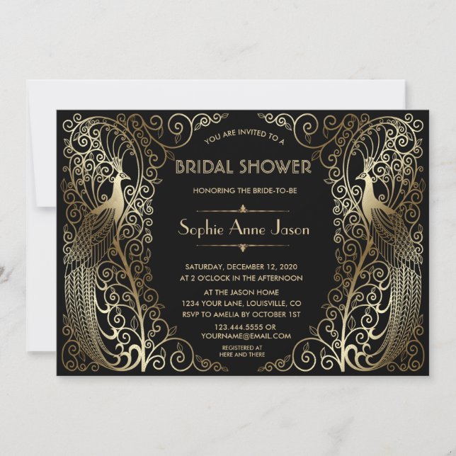 Invitation Glam Gold Art Deco Peacocks Fête des mariées (Devant)