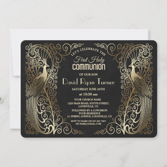 Invitation Glam Gold Art Déco Peacocks Première communion sai (Devant)