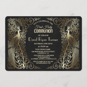 Invitation Glam Gold Art Déco Peacocks Première communion sai