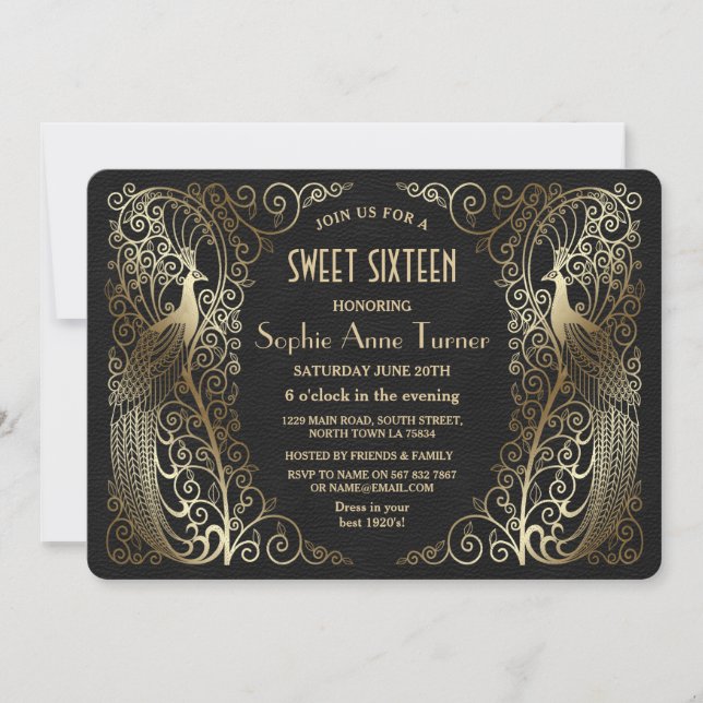 Invitation Glam Gold Art déco Peacocks Sweet sixteen Party (Devant)