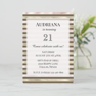 Invitation Glam Gold Blush rose Brown rayures Anniversaire