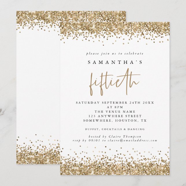 Invitation Glam Gold Paillettes Cinquantième Fête Blanche (Devant / Derrière)