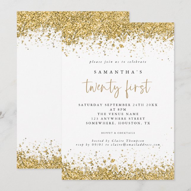 Invitation Glam Gold Parties scintillant 21e fête d'anniversa (Devant / Derrière)