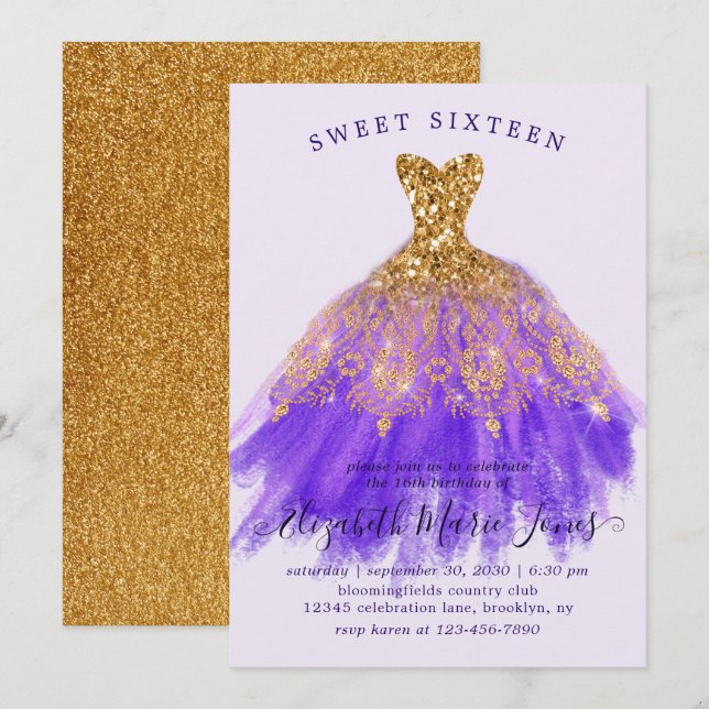 Invitation Glam Gold Purple Robe Étincelle Douce 16e annivers (Devant / Derrière)