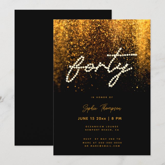 Invitation Glam Gold Rhinestones Calligraphie 40e anniversair (Devant / Derrière)