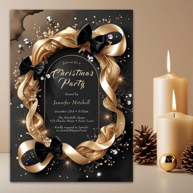 Invitation Glam Gold Ribbon Black Bow Christmas Party (Glam Gold Ribbon Black Christmas Party Invitation)