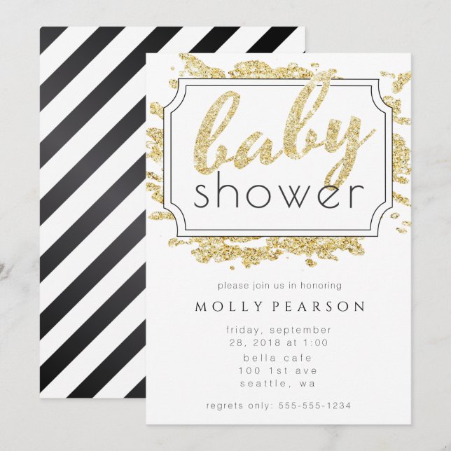Invitation Glam Gold Sparkle Baby shower noir et blanc (Devant / Derrière)