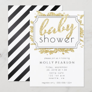 Invitation Glam Gold Sparkle Baby shower noir et blanc
