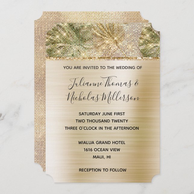Invitation Glam Gold Tropical Feuilles Sparkle Mariage (Devant / Derrière)