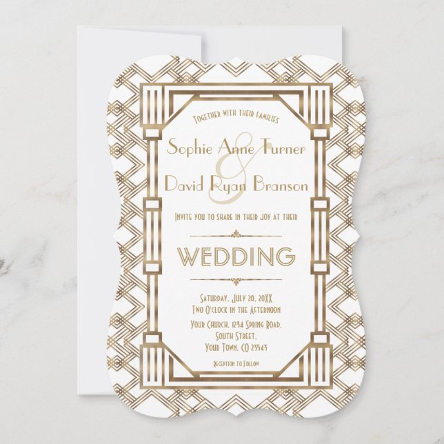 Invitation Glam Gold White Great Gatsby 1920 Mariage (Devant)