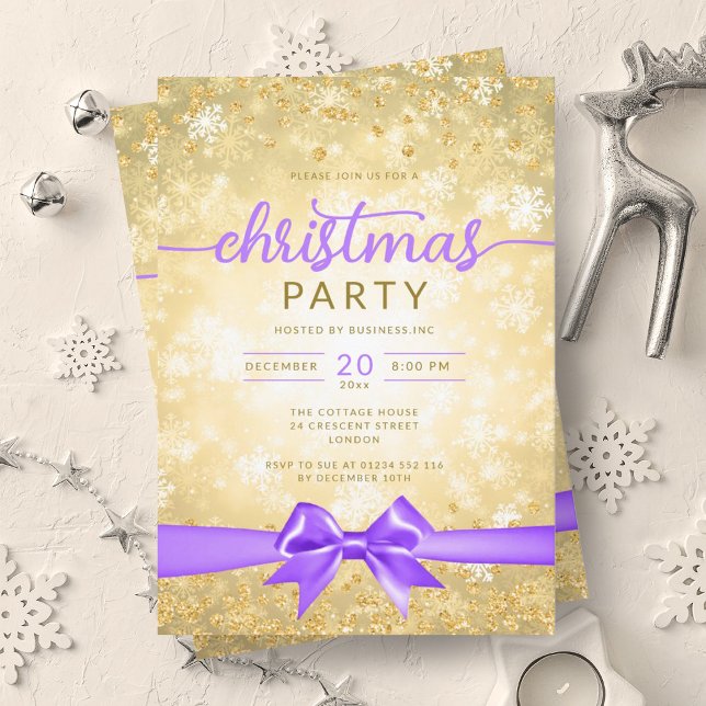 Invitation Glam Gold Winter Snowflake Company Purple Ribbon (Glam Gold Winter Snowflake Company Purple Ribbon Invitation)