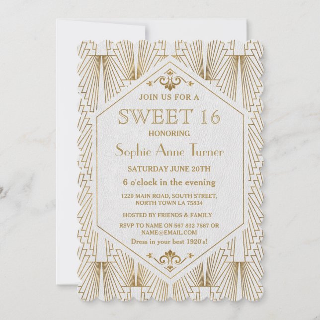 Invitation Glam Great Gatsby Art Déco Gold White Sweet 16 (Devant)