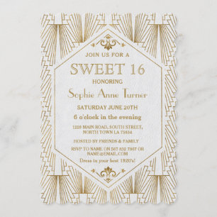 Invitation Glam Great Gatsby Art Déco Gold White Sweet 16