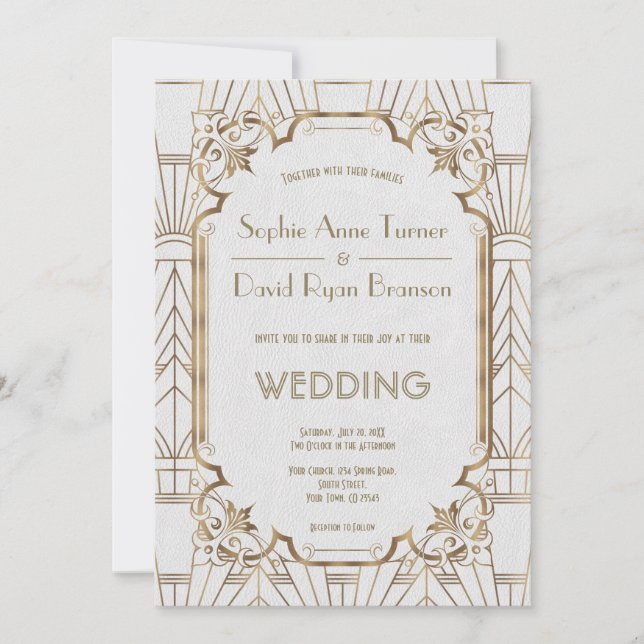 Invitation Glam Great Gatsby White Art Déco Mariage des année (Devant)
