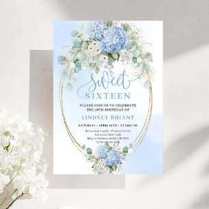 Invitation Glam Hydrangea Bleu Pailleté Or 16e Anniversaire