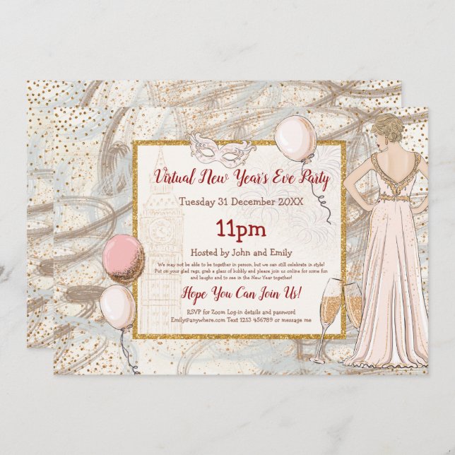 Invitation Glam Lady Confetti Sparkly Virtual New Year Party (Devant / Derrière)
