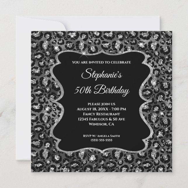 Invitation Glam Léopard Noir Argent Étincelant 50e anniversai (Devant)
