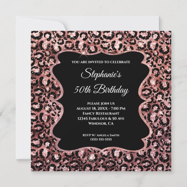 Invitation Glam Léopard Noir Rose brillant 50e anniversaire (Devant)