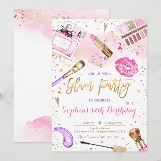 Invitation Glam Makeup Anniversaire fête Blush rose Spa (Devant / Derrière)