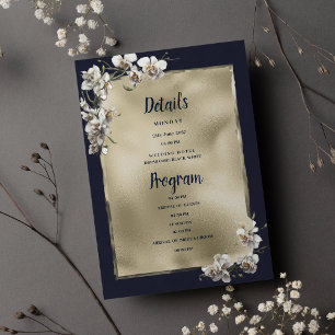Invitation Glam marine bleu or blanc orchidée Détails Program