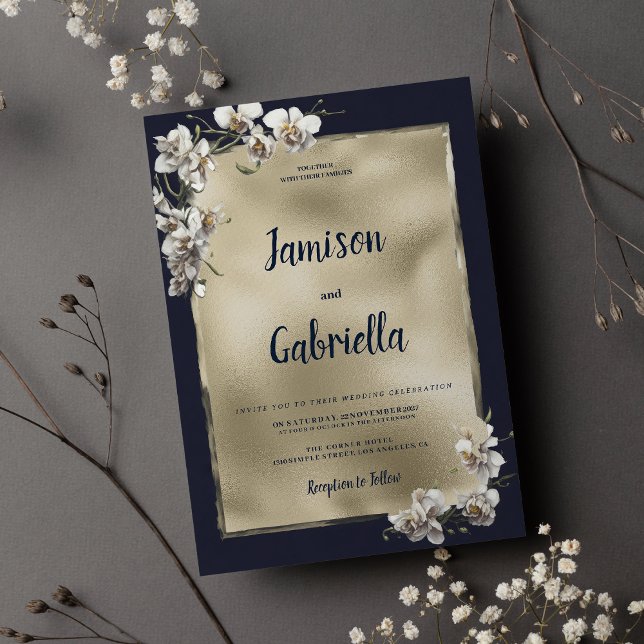 Invitation Glam marine bleu or blanc orchidée fleur Mariage (Glam navy blue gold white orchid flower Wedding )
