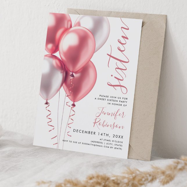 Invitation Glam Minimal Blush rose Ballons doux 16 Anniversai (Glam Minimal Blush Pink Balloons Sweet 16 Birthday Invitation)