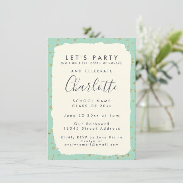 Invitation Glam Mint Green Gold Dots Fête de graduation perso (Debout devant)