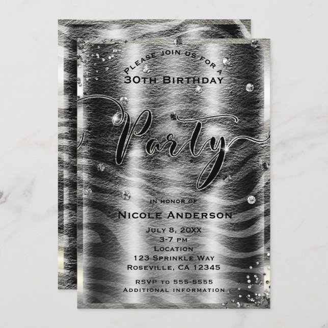 Invitation Glam moderne Black White Zebra & Silver Bling Part (Devant / Derrière)