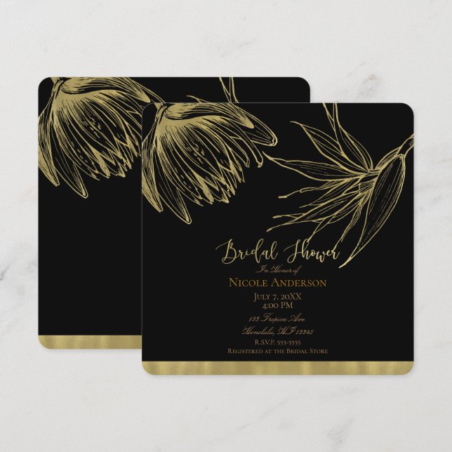 Invitation Glam moderne Gold & Black Fête des mariées tropica (Devant / Derrière)