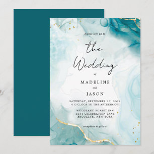 Invitation Glam Navy Blue Aquarelle or Mariage d'encre liquid