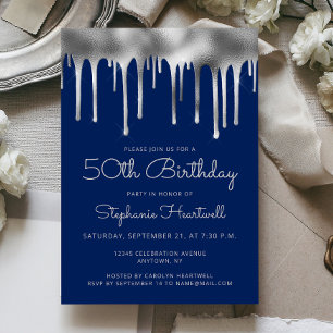 Invitation Glam Navy Blue Silver Dripping Foil 50e anniversai