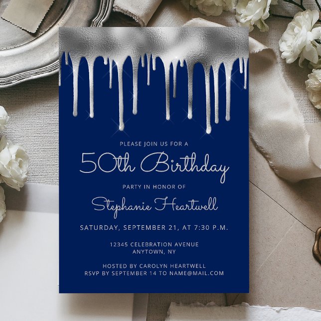 Invitation Glam Navy Blue Silver Dripping Foil 50e anniversai (Créateur téléchargé)