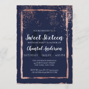 Invitation Glam Navy Rose Gold Confetti Brushstroke Sweet 16