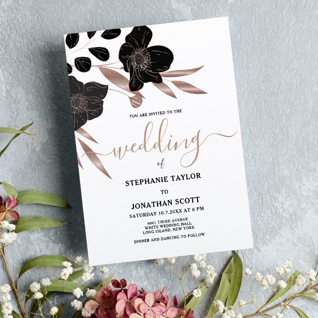 Invitation Glam noir blanc rose or floral élégant mariage (Glam black white rose gold floral elegant wedding)
