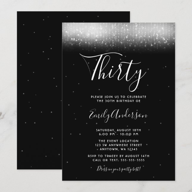 Invitation Glam noir et blanc 30e anniversaire (Devant / Derrière)