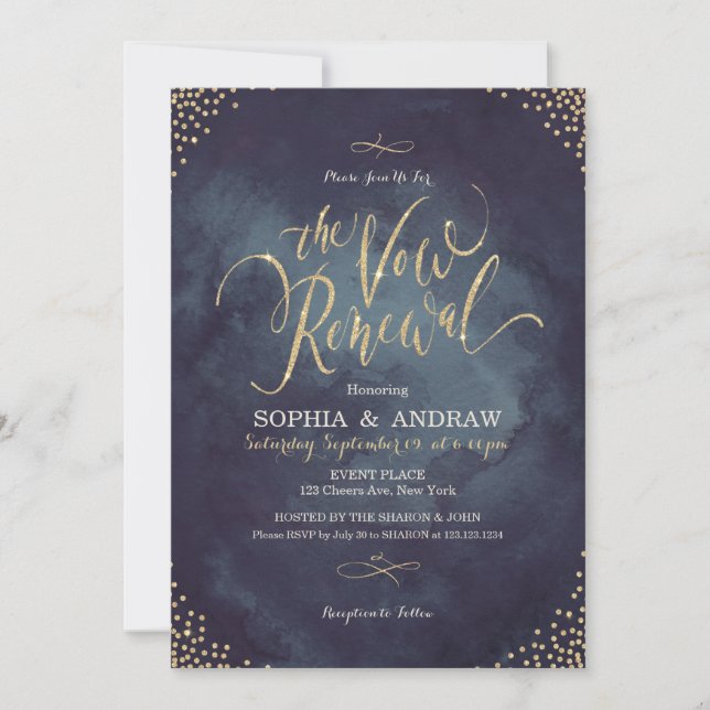 Invitation Glam nuit or calligraphie voeu renouvellement (Devant)