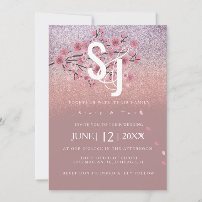 Invitation Glam Ombré Cerise Fleur Arbre Mariage Pétales Arbr (Devant)